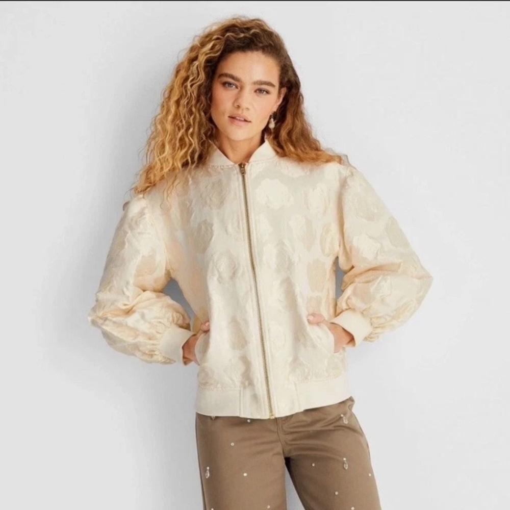 Women's Brocade Relaxed Bomber Jacket - Future Collective Cream Floral Large